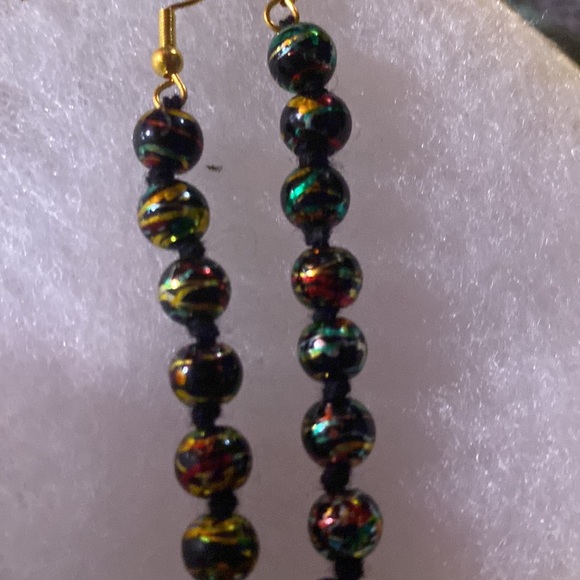 Rasta Theme Hand Crafted Macrame Style Beaded Fringe Gold Toned Dangle Earrings - Picture 5 of 9